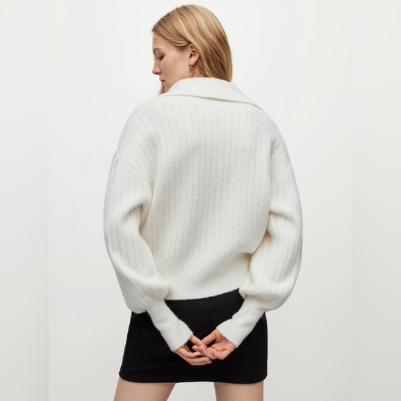 AllSaints Viola Zip Collar Wool Ribbed Puff Sleeve Sweater - Picture 4 of 9